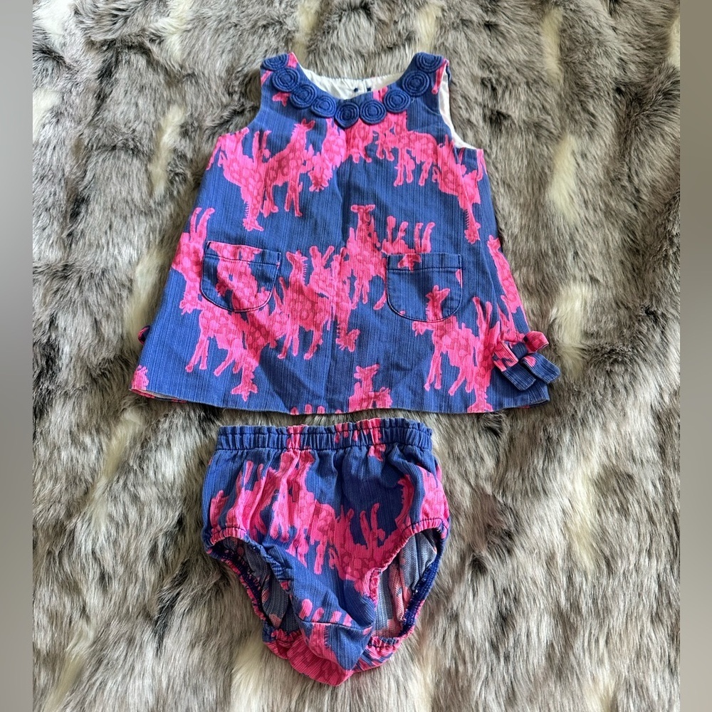 Lilly Pulitzer Baby Shift w/ matching bloomers Sz‎ 6/12 month blue pink giraffes